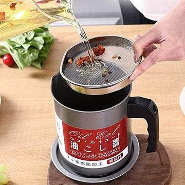 Premium 1.4L Fryer Oil Filter Pot – Carbon Steel Oil Can with Stainless Steel Strainer