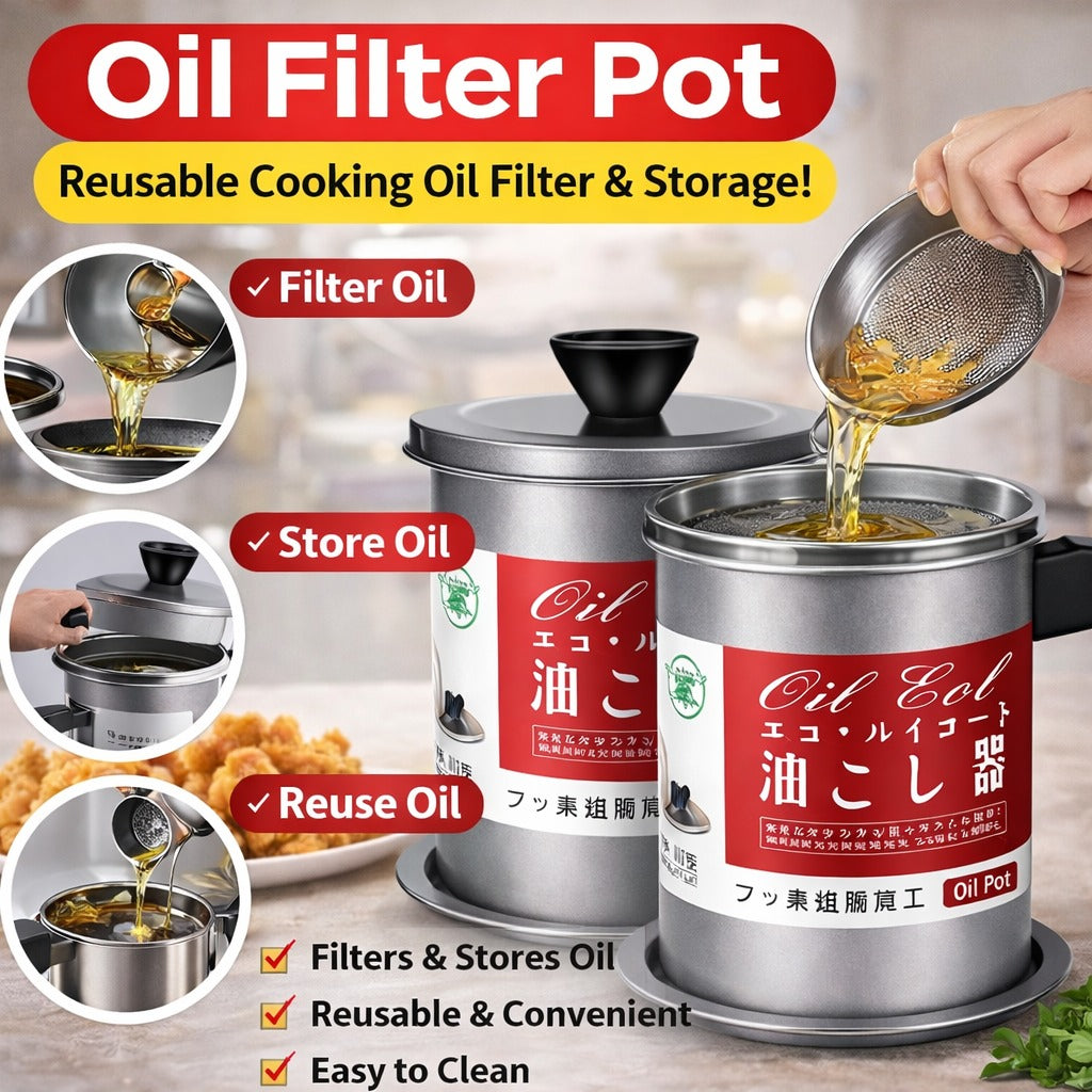Premium 1.4L Fryer Oil Filter Pot – Carbon Steel Oil Can with Stainless Steel Strainer